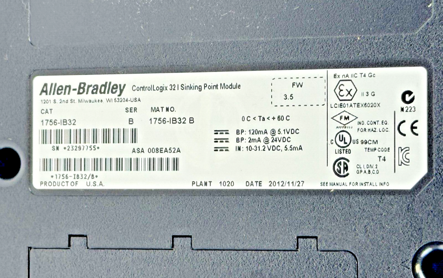 ALLEN-BRADLEY - 1756-IB16 SER. B FW: 3.5 - CONTROL LOGIX 32 SINKING POINT MODULE