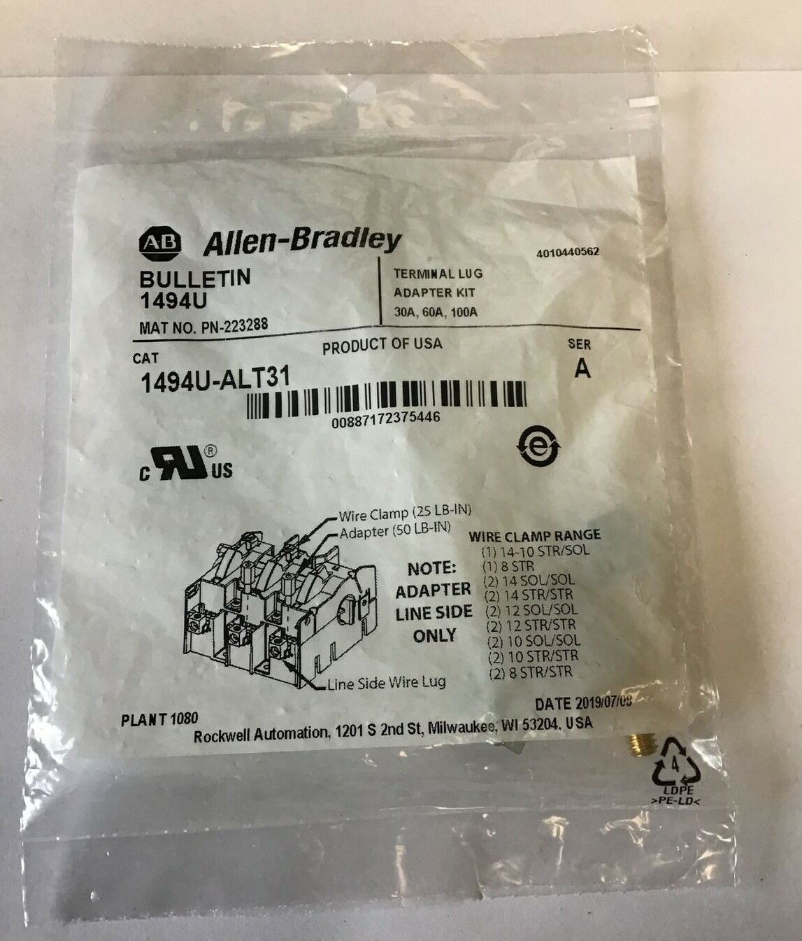 ALLEN BRADLEY 1494U-ALT31 TERMINAL LUG ADAPTER KIT SER.A 30,60,100AMP