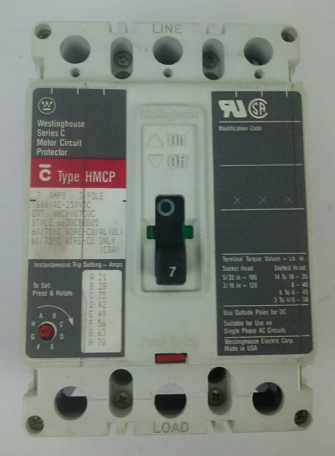 WESTINGHOUSE HMCP007COC SER.C MOTOR CIRCUIT PROTECTOR 7AMP 3POLE 600VAC 250VDC