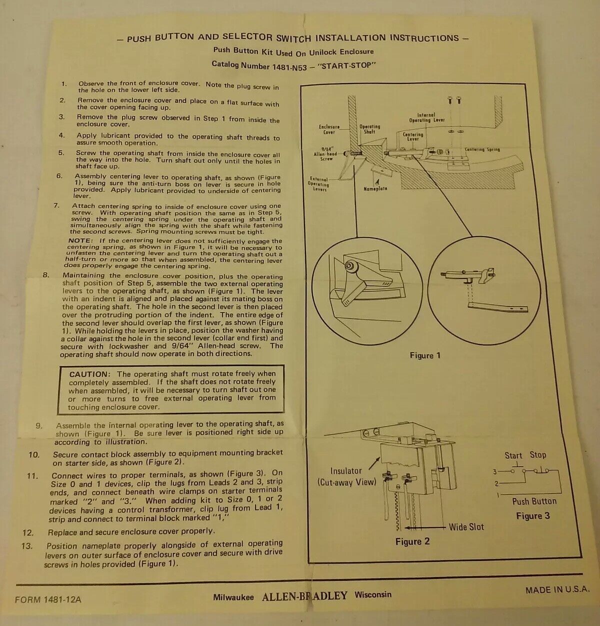 ALLEN BRADLEY 1481-N53 SERIES A PUSH BUTTON KIT, NEMA 7-9 ENCLOSURE, START-STOP