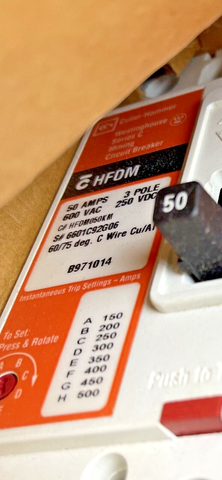CUTLER-HAMMER - HFDM050KM - MINING CIRCUIT BREAKER - 50 AMP, 3 POLE, 600 VAC