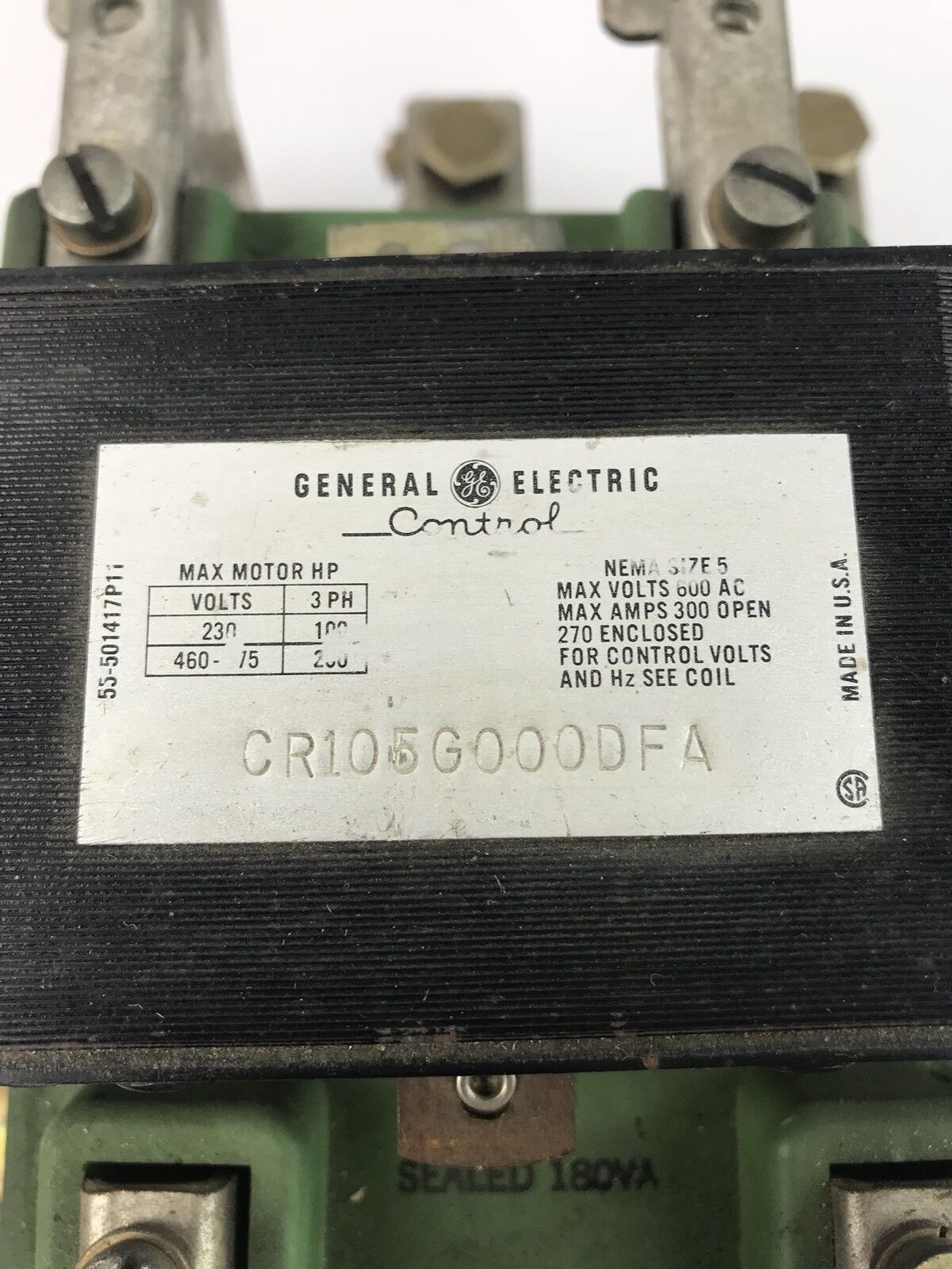 GE CR105G000DFA CONTROL NEMA SIZE 5 MAX VOLTS 600 AC MAX AMPS 300 OPEN