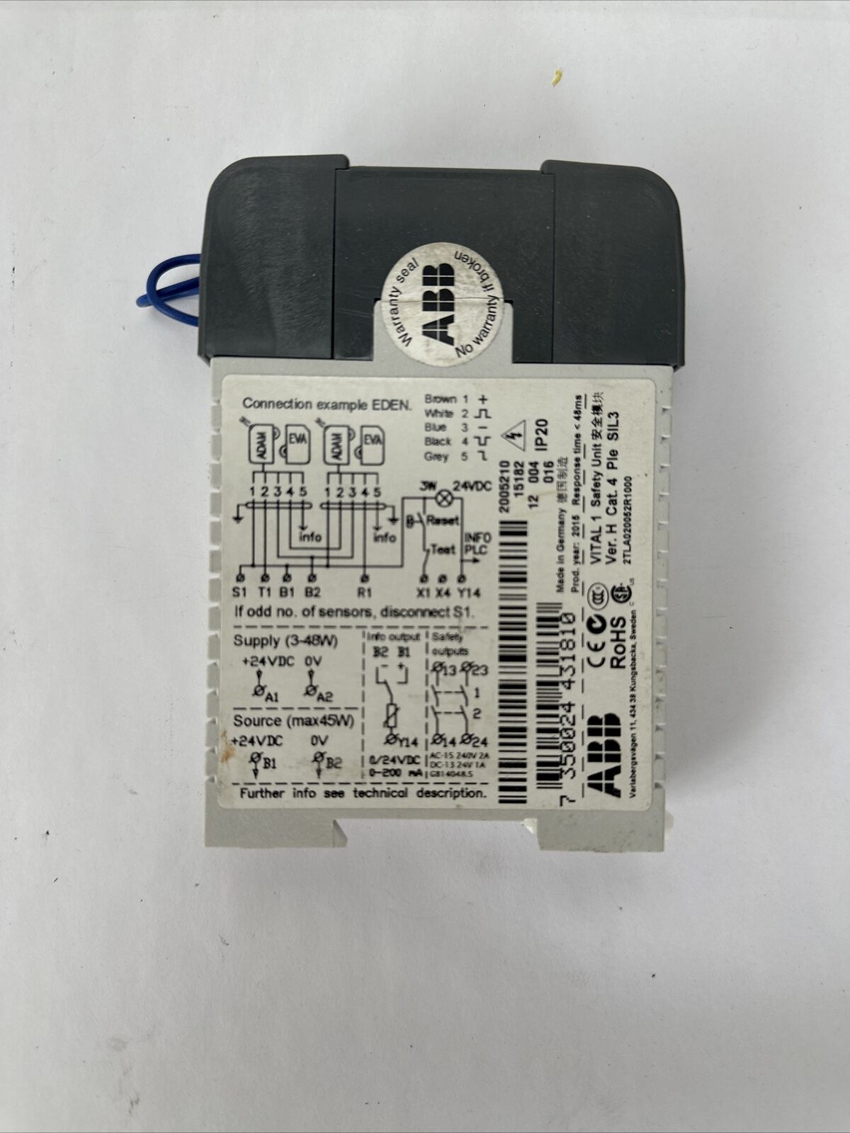 ABB 2TLA020052R1000 VITAL 1 SAFETY RELAY VER H CAT 4 PLE SIL3 24VDC