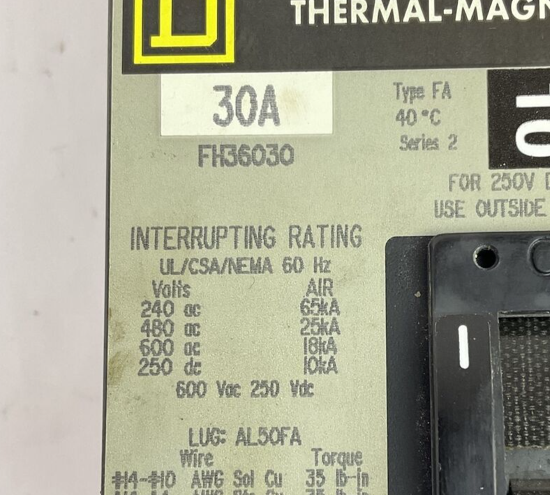 SQUARE D FH36030 THERMAL MAGNETIC CIRCUIT BREAKER 30A