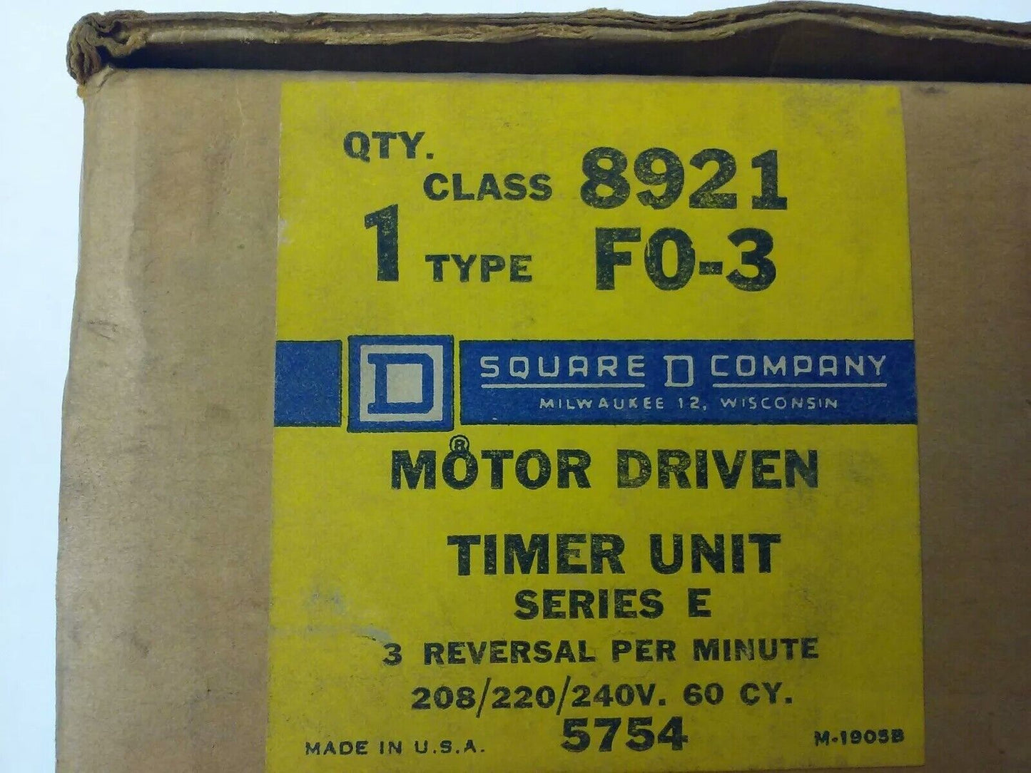 SQ. D CLASS 8921 TYPE FO-3, MOTOR DRIVEN TIMER UNIT 8921-FO3, 208-220/240V, 60HZ