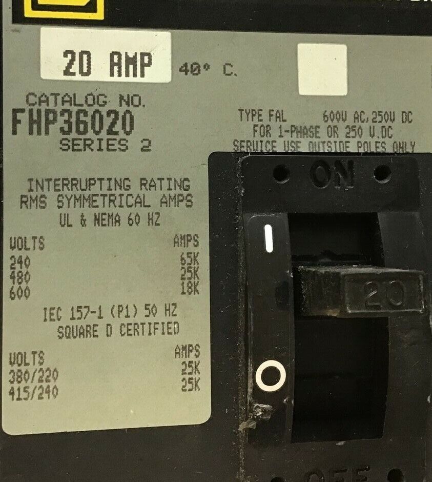 SQUARE D FHP36020 CIRCUIT BREAKER 20A 600V