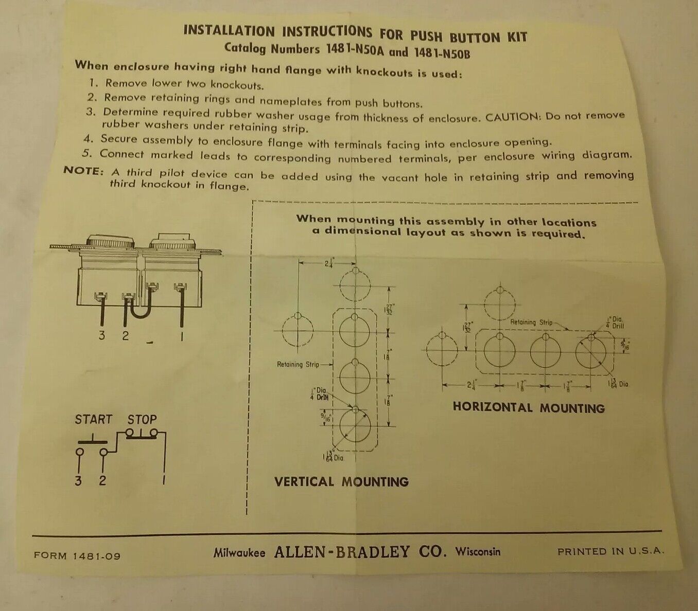 ALLEN BRADLEY 1481-N50A SER.A PUSH BUTTON KIT SIZES 0-1-2-3, START STOP, 800TXD1
