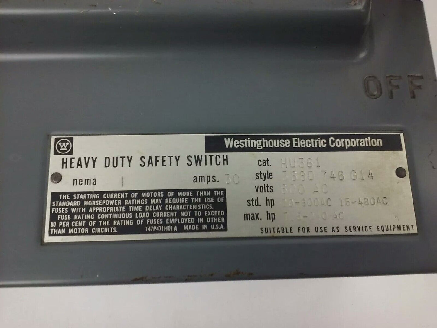 WESTINGHOUSE HU361, H.D. SAFETY SWITCH, 30A, 600V, 3P NON FUSIBLE, INDOOR, NEW