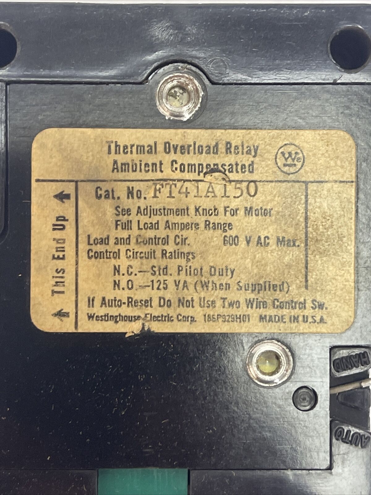 WESTINGHOUSE FT41A150 THERMAL OVERLOAD RELAY 600VAC