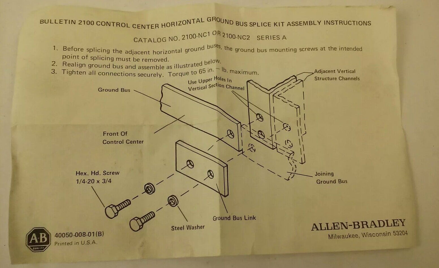 ALLEN BRADLEY 2100-NC2 HARDWARE KIT RENEWAL PARTS, 2100NC2, 2100