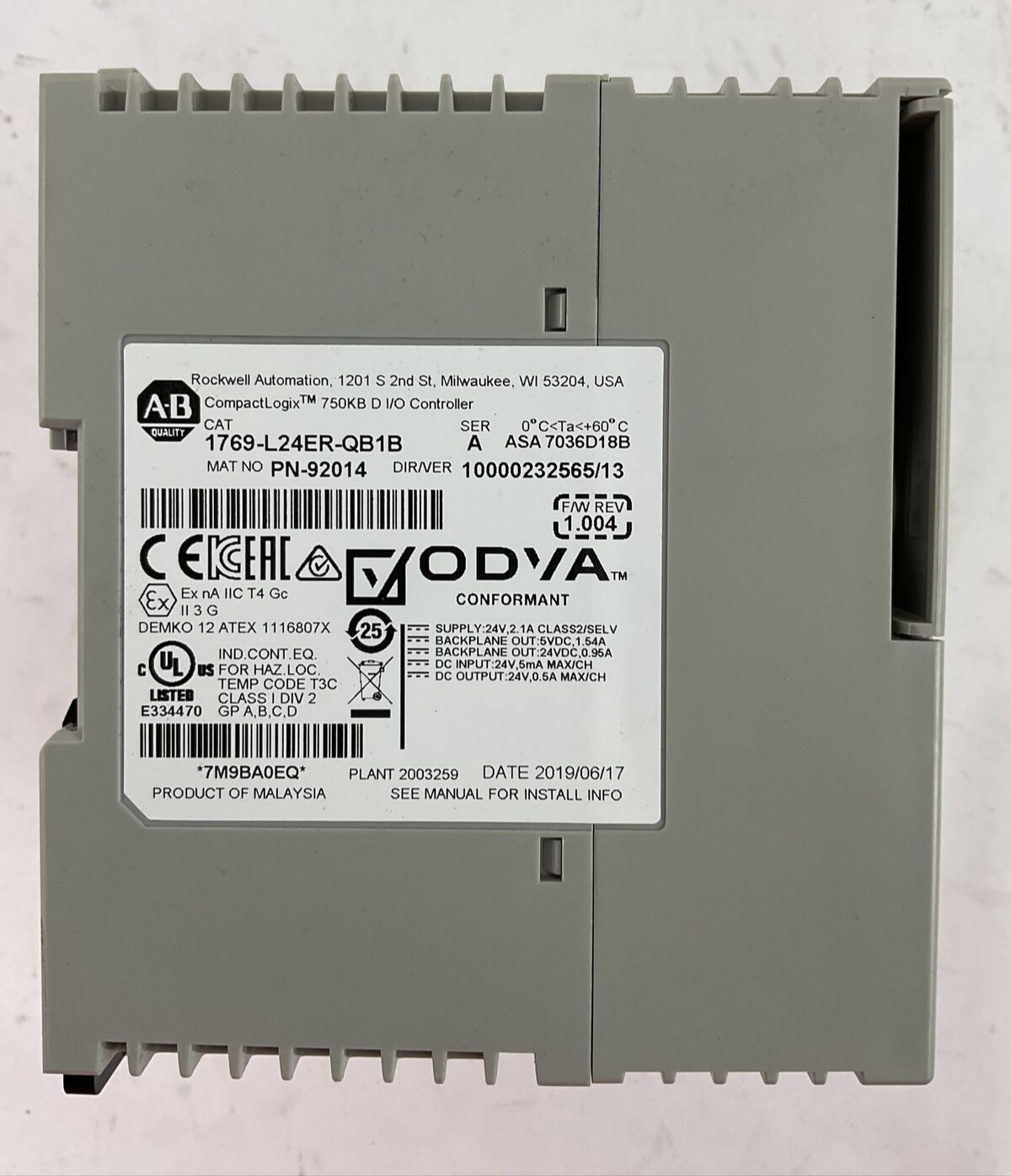 ALLEN BRADLEY 1769-L24ER-QB1B SER A FW REV 1.004 750KB D I/O CONTROLLER COMPACT