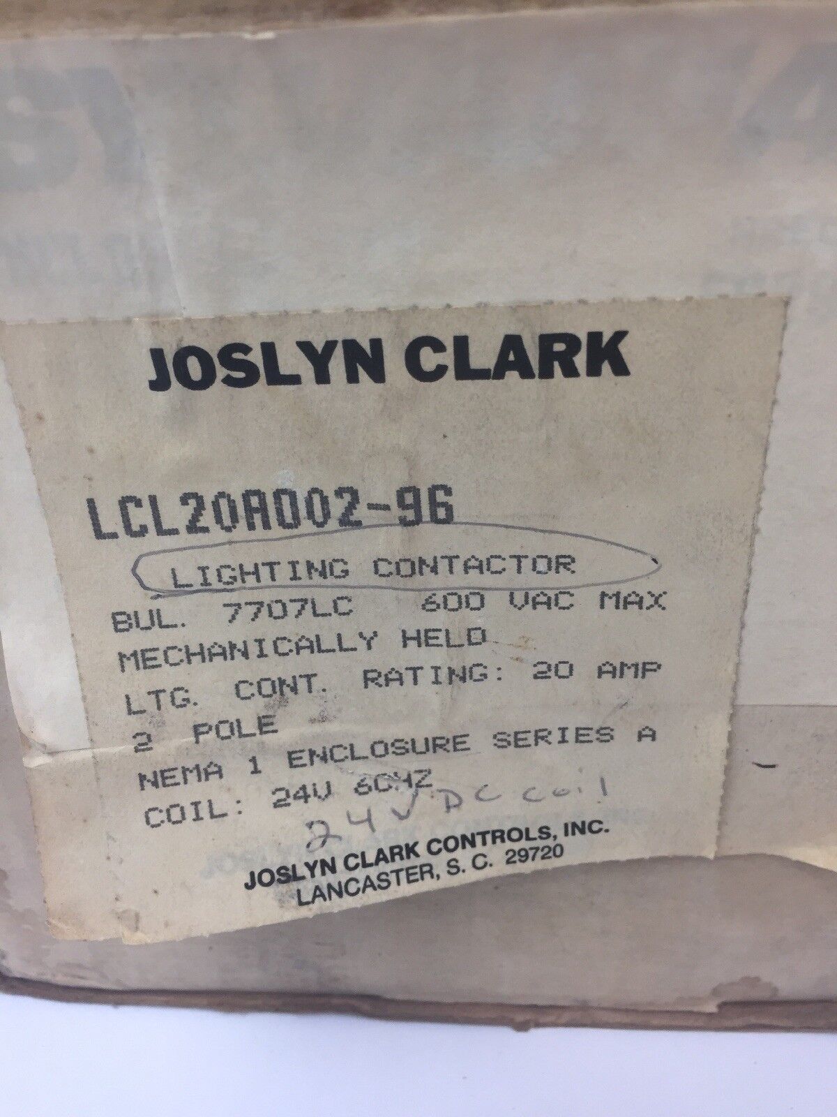 JOSLYN CLARK SYLVANIA LCL20A002-96 LIGHTING CONTACTOR 600VAC 20A COIL 24VDC 60H