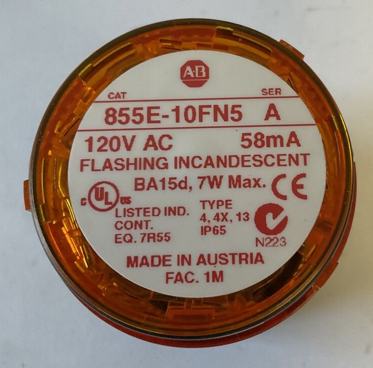 ALLEN BRADLEY 855E-10FN5 FLASHING INCANDESCENT STACK LIGHT SER.A 7W 120VAC 58MA