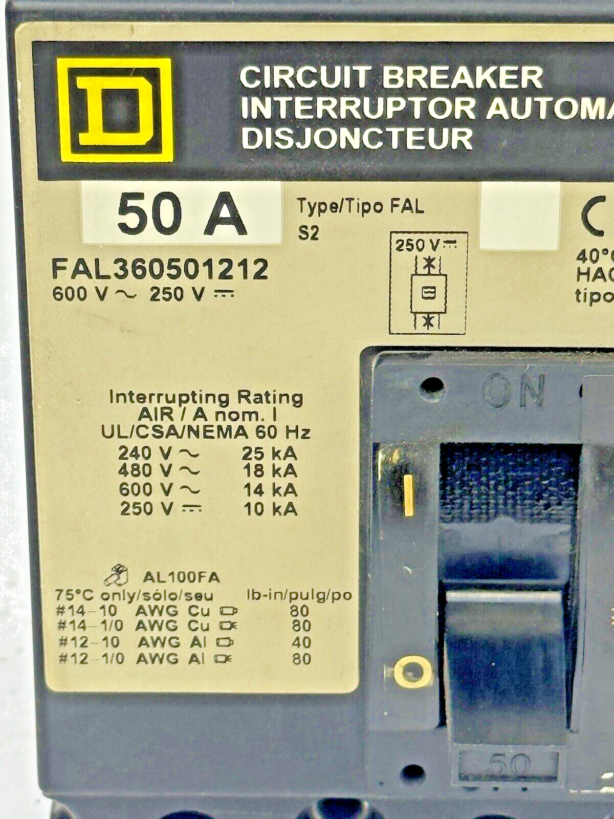 SQUARE D - FAL360501212 - MAG-GARD CIRCUIT BREAKER W/ AUX - 50A/3 POLE/250VAC