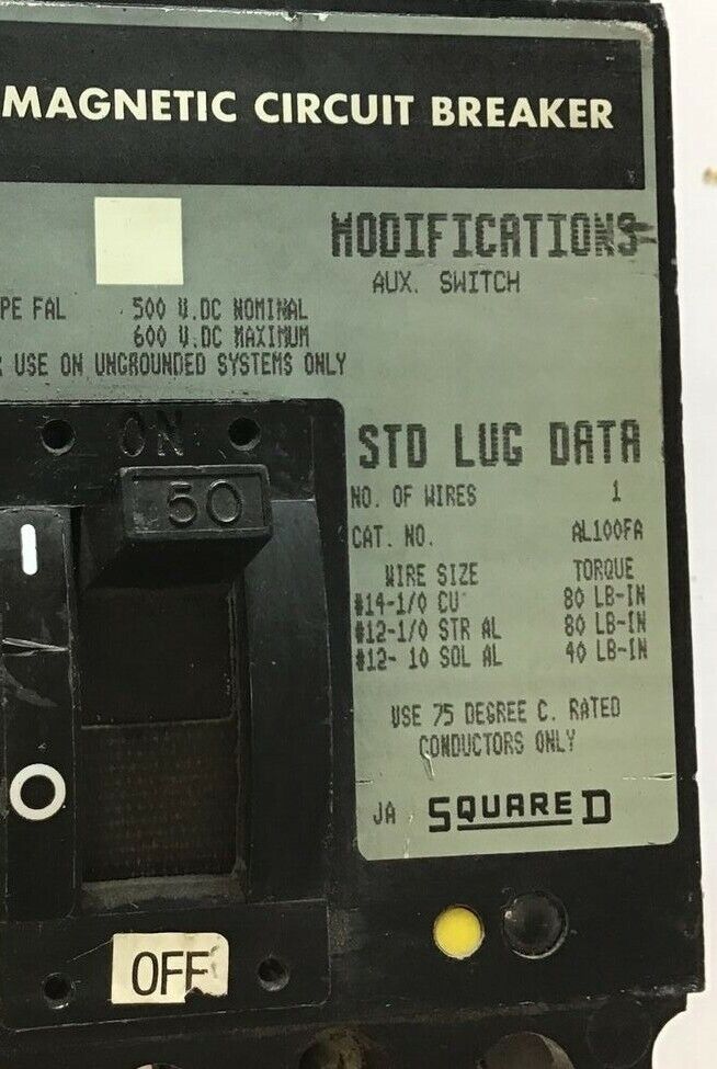 SQUARE D FHL3605014DC1352 CIRCUIT BREAKER 600VDC 50A