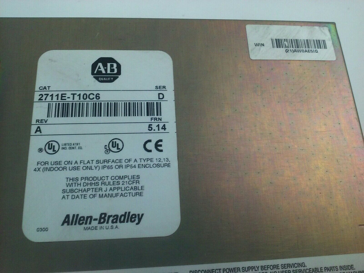 ALLEN BRADLEY 2711E-T10C6 SER. D REV. A PANELVIEW 1000E TERMINAL FRN 5.14