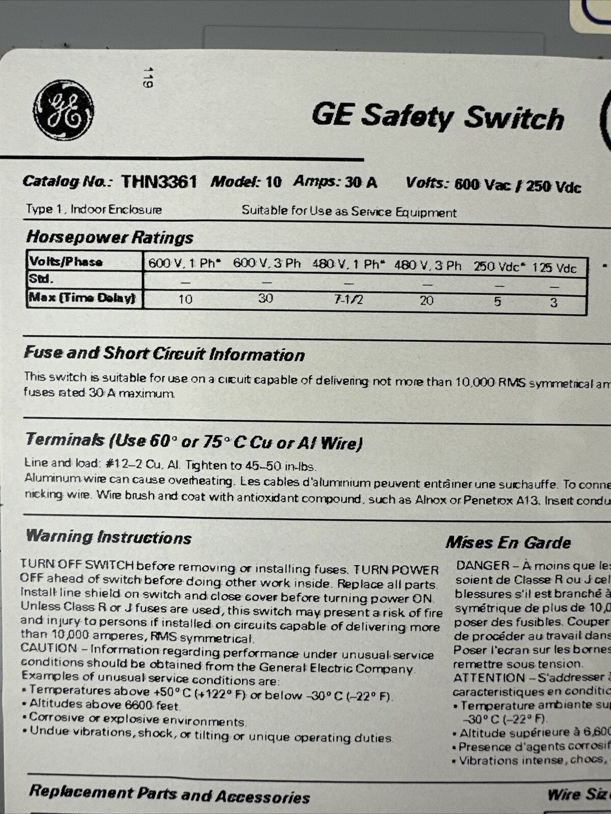 GE THN3361 MODEL 10 SAFETY SWITCH 30A 600VAC 3PH 30HP 250VDC 5HP NON-FUSIBLE