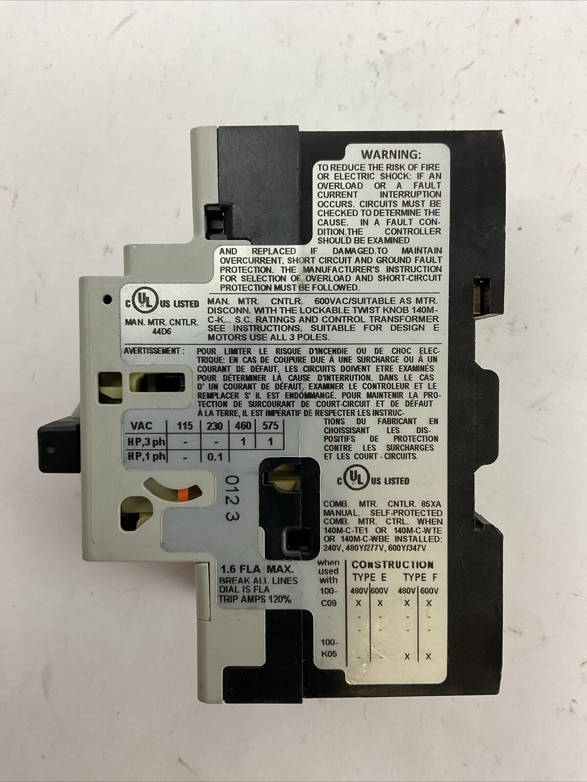 ALLEN BRADLEY 140M-C2E-B16 MOTOR PROTECTOR SER C 1.0-1.6A 600VAC 3PH 1HP