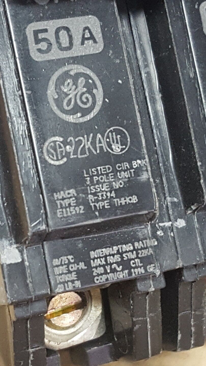 GE THHQB32050 CIRCUIT BREAKER, 50A, 3P, 22KA, 240V, USED