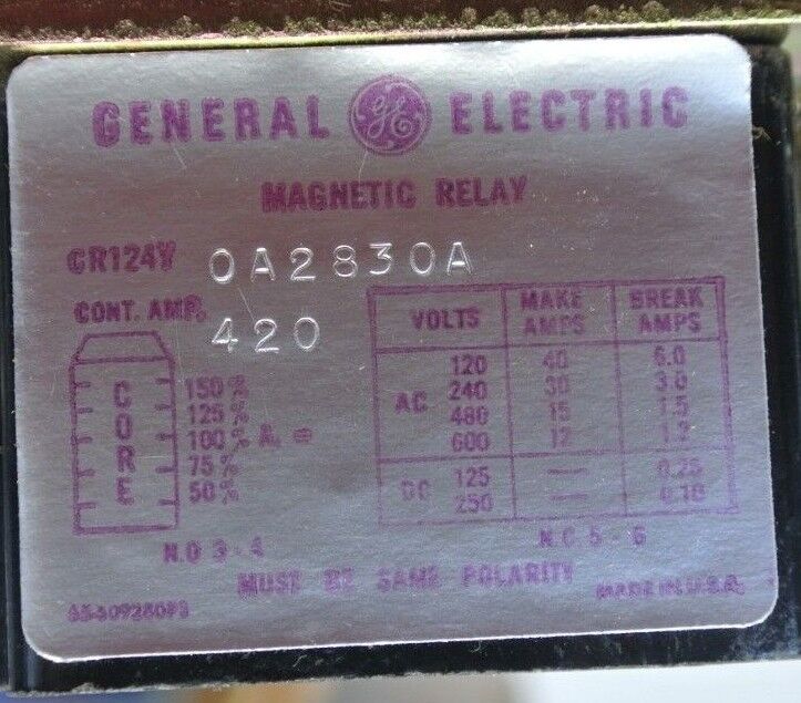 GENERAL ELECTRIC CR124Y0A2830A MAGNETIC OVERLOAD RELAY / 420A / NEW SURPLUS