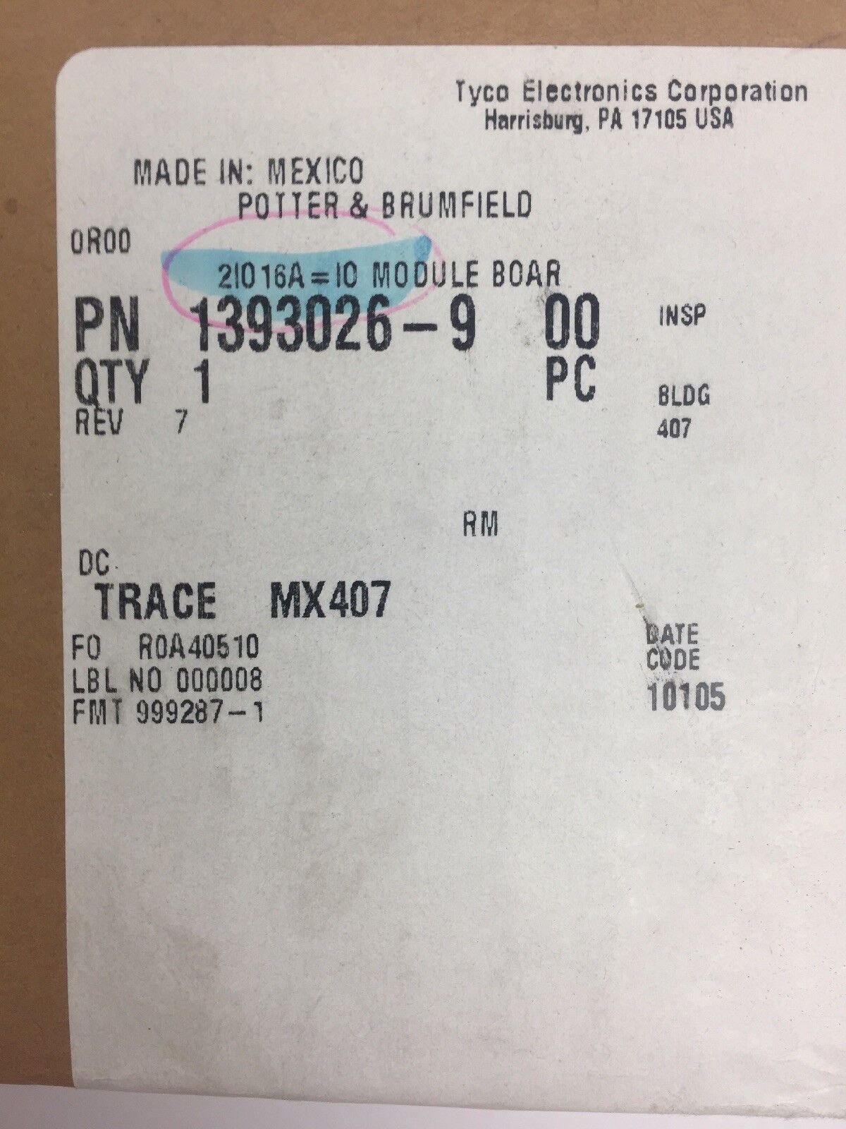 POTTER & BRUMFIELD 210-16A MODULE 250V 50/60HZ .4A W/JUMPER 125V 50/60HZ W/FUSE