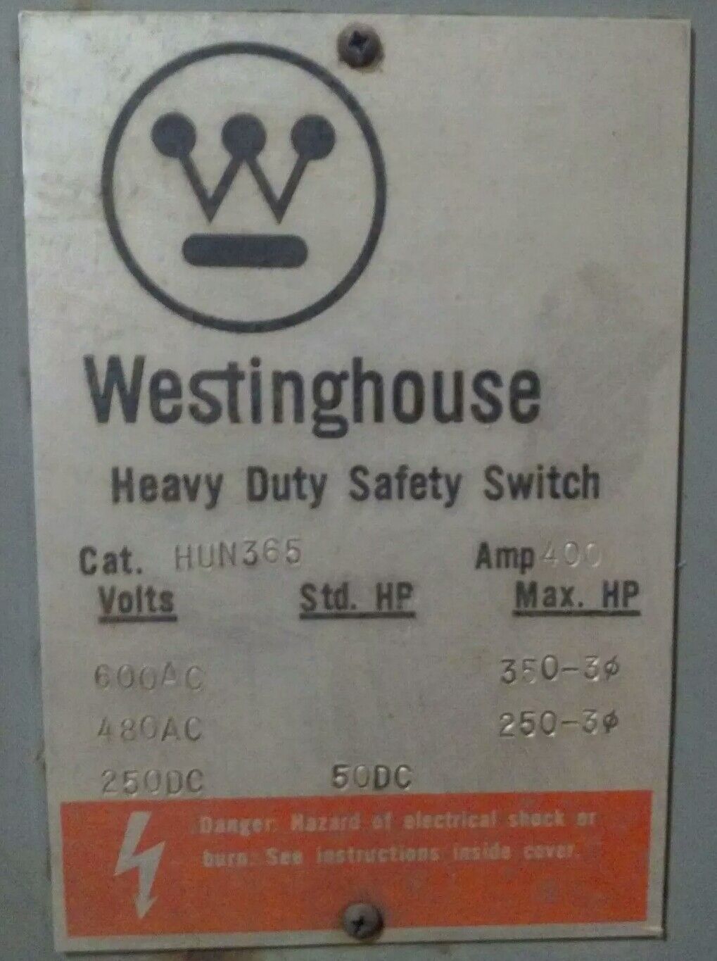 WESTINGHOUSE HUN365 NON-FUSIBLE SAFETY SWITCH, 400A, 600V, 3PH, 350HP, TYPE 1