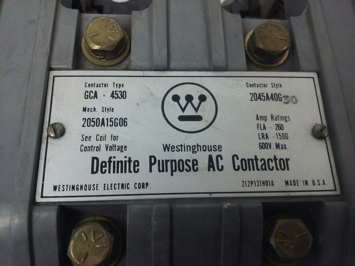 WESTINGHOUSE GCA4530 AC CONTACTOR, 600V MAX, FLA 260A-LRA 1500A, 120V COIL, USED