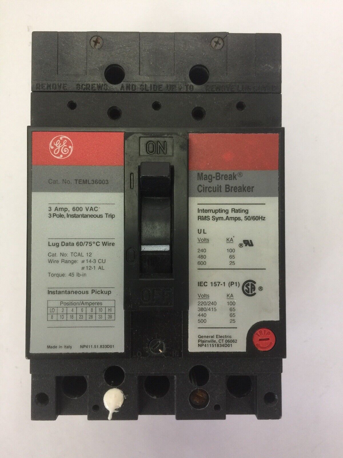 GE TEML36003 MAG-BREAK CIRCUIT BREAKER 3AMP 600VAC 3 POLE INSTANTANEOUS TRIP