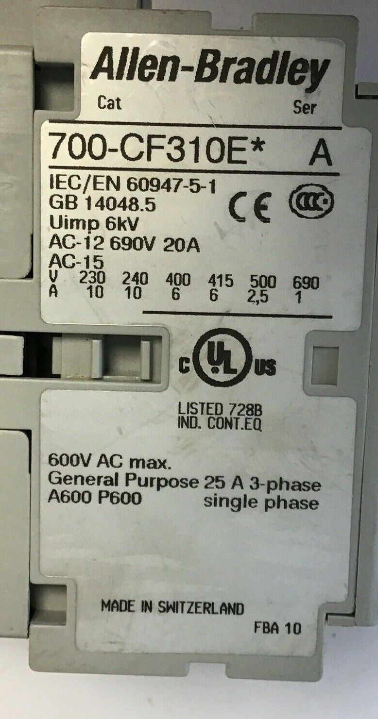 ALLEN BRADLEY 700-CF310E SER.A CONTROL RELAY W/ 100-FPT SER.A