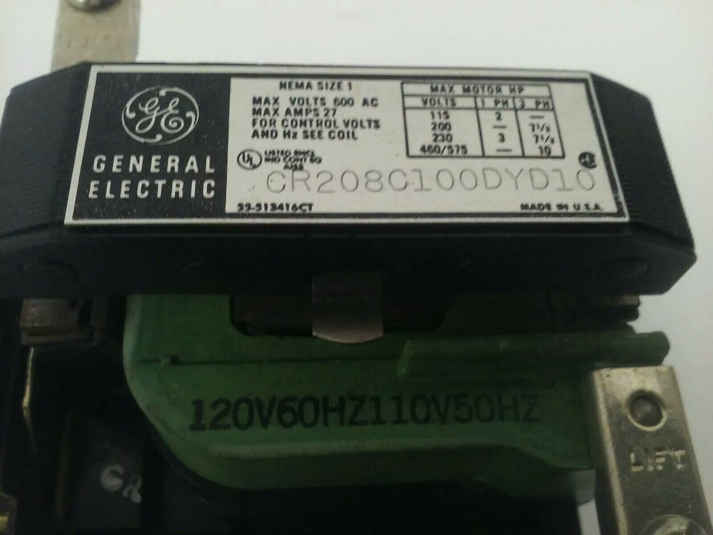 GENERAL ELECTRIC CR208C100DYD10 STARTER SIZE 1 600V 27A 3PH 10HP 120V COIL