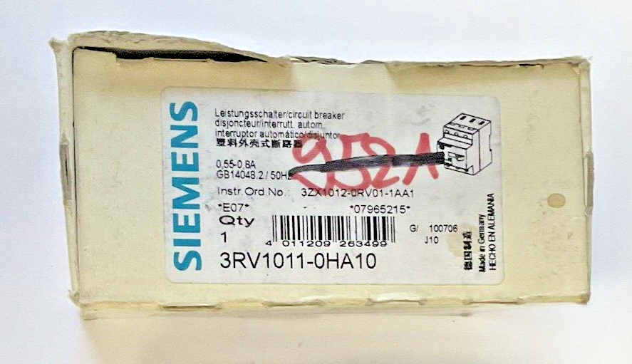 SIEMENS 3RV1011-0HA10 COMBINATION MOTOR CONTROL 0.55-0.8A