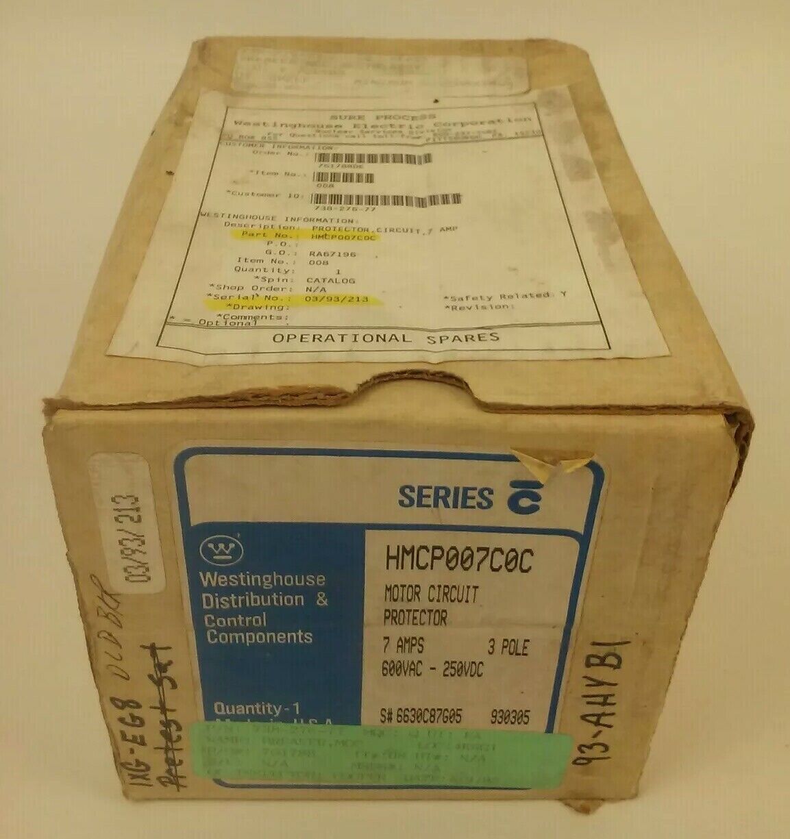 WESTINGHOUSE HMCP007COC SER.C MOTOR CIRCUIT PROTECTOR TRIP UNIT 7A 3P 600V