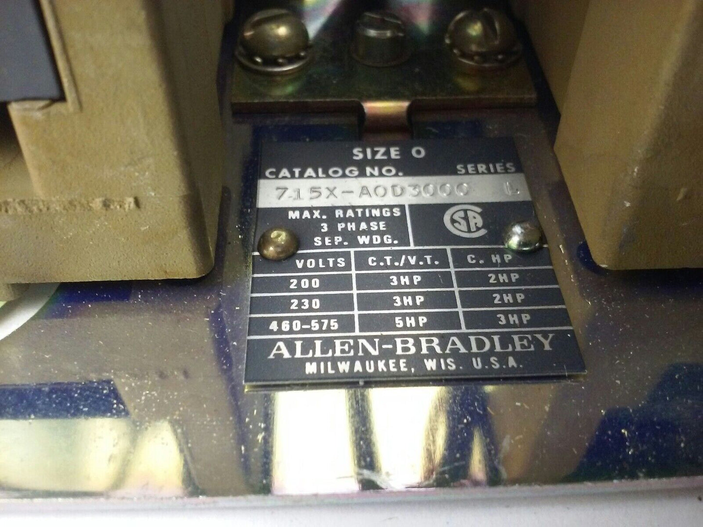 ALLEN BRADLEY 715X-AOD3000 TWO SPEED STARTER SIZE 0 PHASE 3 120V 60HZ SERIES L