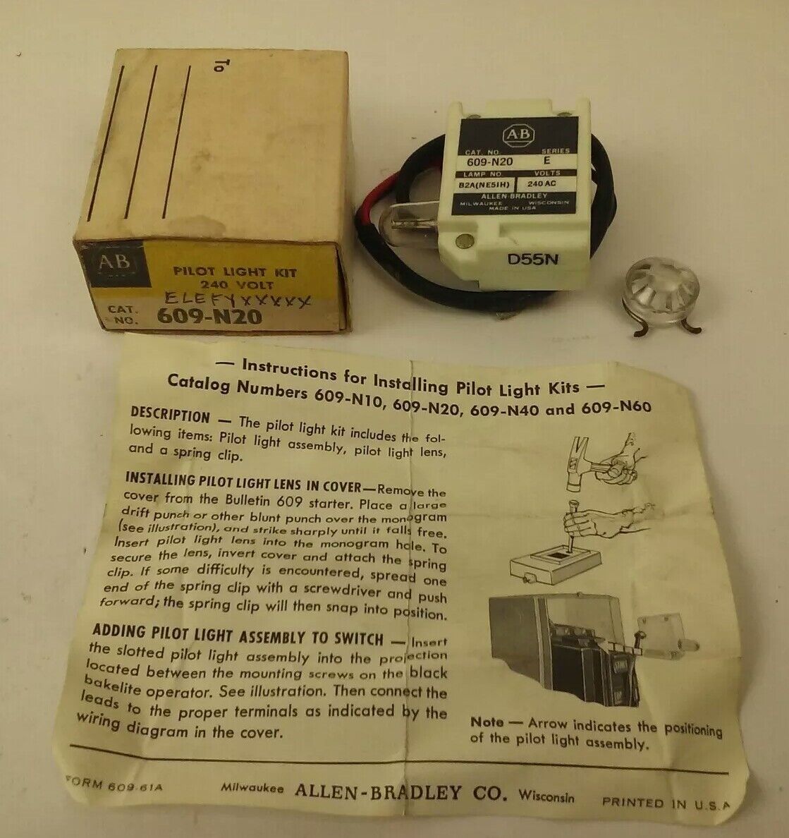ALLEN BRADLEY 609-N20 SERIES E, PILOT LIGHT KIT, 240V, B2A(NE51H) LAMP