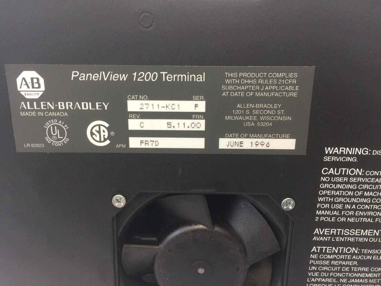 ALLEN BRADLEY 2711-KC1 PANELVIEW SER F REV C FRN 5.11.00 115/230VAC 90W