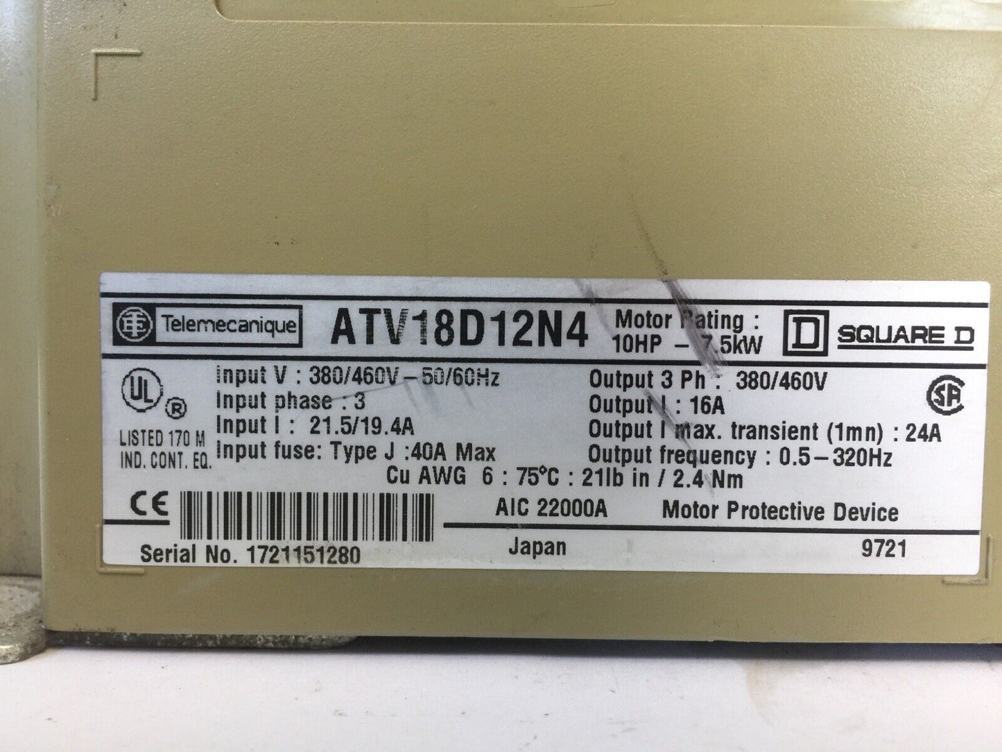 TELEMECANIQUE SQUARE D ATV18D12N4 AC DRIVE ALTIVAR 18 10HP 7.5kW 380/460VAC