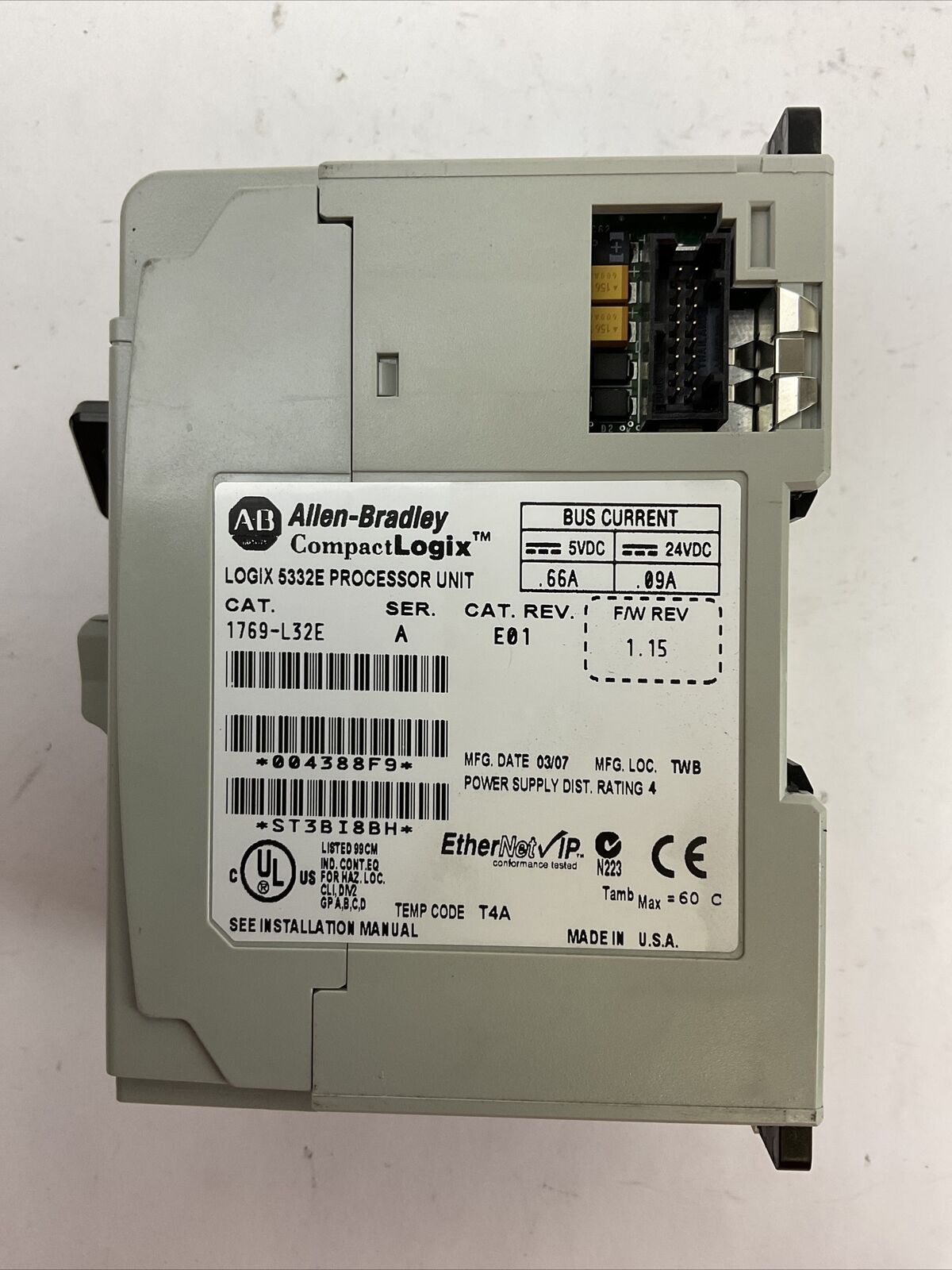 ALLEN BRADLEY 1769-L32E SER A CAT REV E01 FW REV 1.15 LOGIX 5332E PROCESSOR UNIT