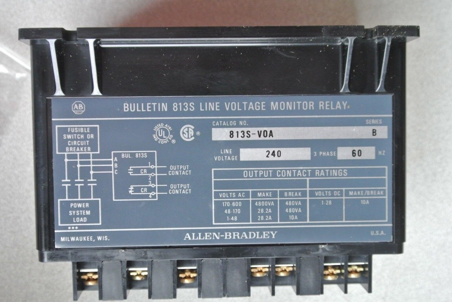 ALLEN-BRADLEY 813S-VOA Ser. B LINE VOLTAGE MONITOR RELAY 240V, 60Hz NEW SURPLUS