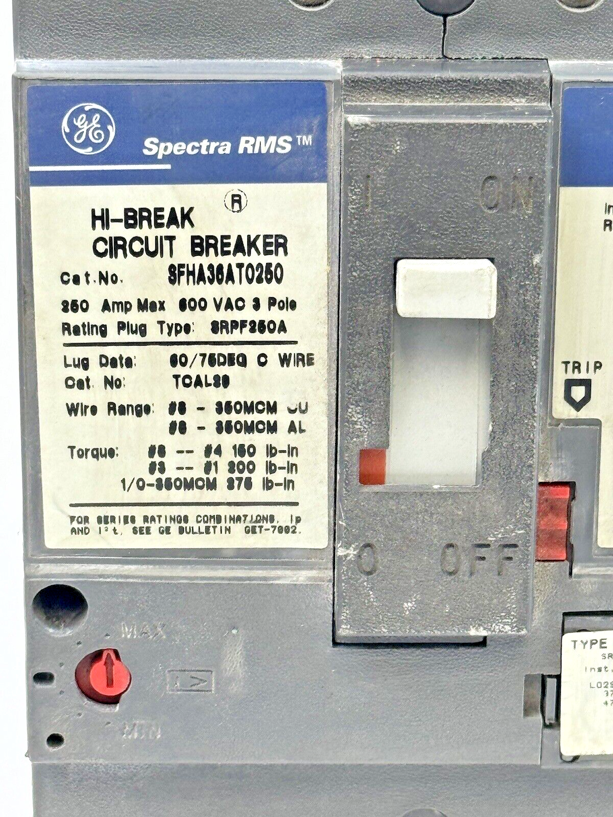 GE - SFHA36AT0250 - HI-BREAK CIRCUIT BREAKER - 3 POLE/250A/600VAC W/ 100A TRIP