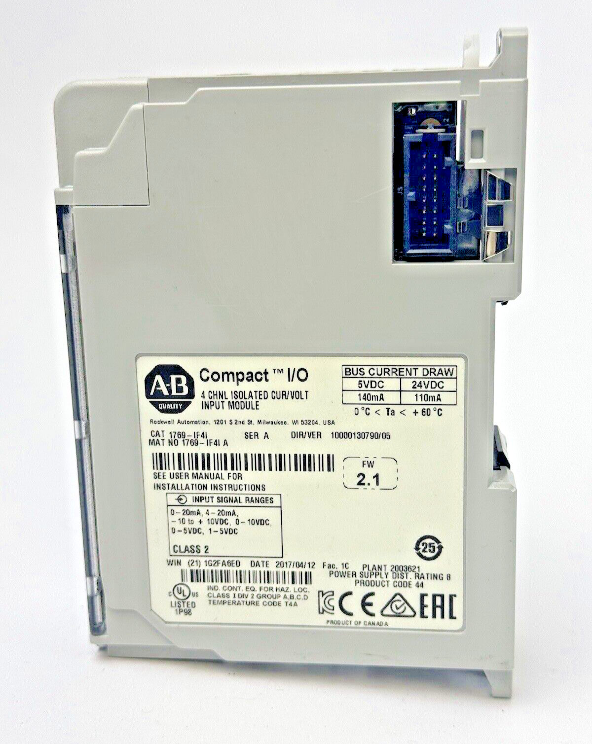 ALLEN-BRADLEY - 1769-IF4I SER. A, F/W REV 2.1, DIR/VER 10000130790/04