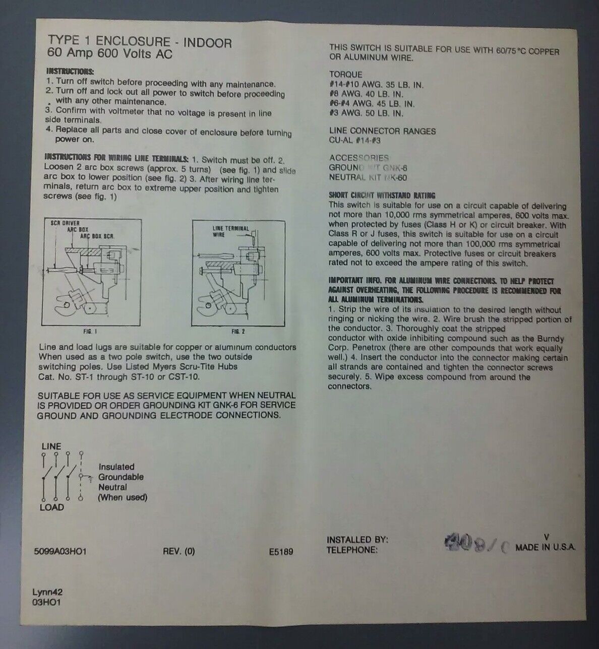 WESTINGHOUSE, HUN362, SAFETY SWITCH, 60A, 600V, 3P, TYPE 1 INDOOR ENCLOSURE, NEW