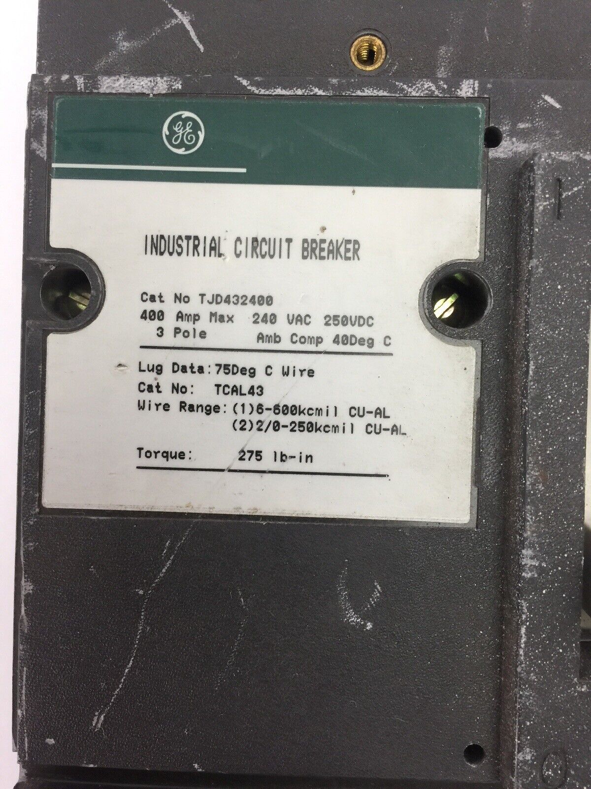 GE TJD432400 INDUSTRIAL CIRCUIT BREAKER 400AMP 240VAC 250VDC 3 POLE 240V 22kA