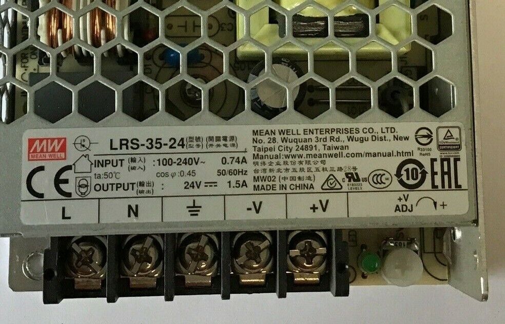 MEAN WELL LRS-35-24 SWITCHING POWER SUPPLY 100-240VAC 0.74A 50/60HZ 24VDC