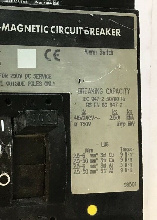 SQUARE D FHP361002100 CIRCUIT BREAKER 100A 600VAC 250VDC