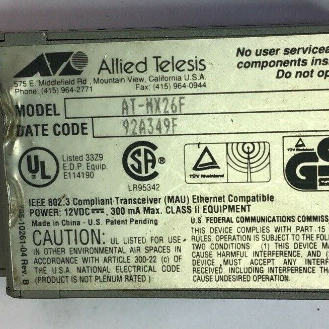 ALLIED TELESIS CENTRECOM MX26F FIBER OPTIC TRANSCEIVER AT-MX26F
