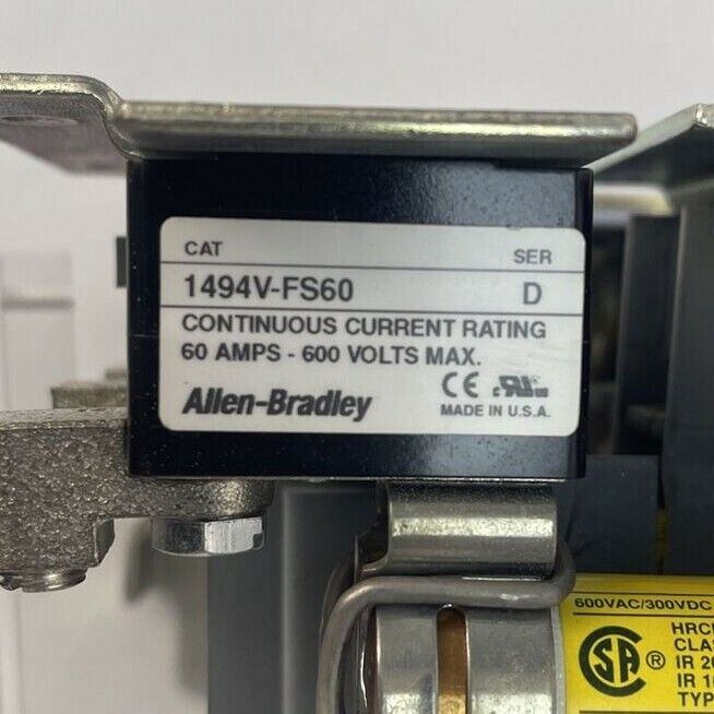 ALLEN BRADLEY DISCONNECT SWITCH 1494V-DS60 SER D 600VAC 250VDC 60A 15HP 1494V-FS