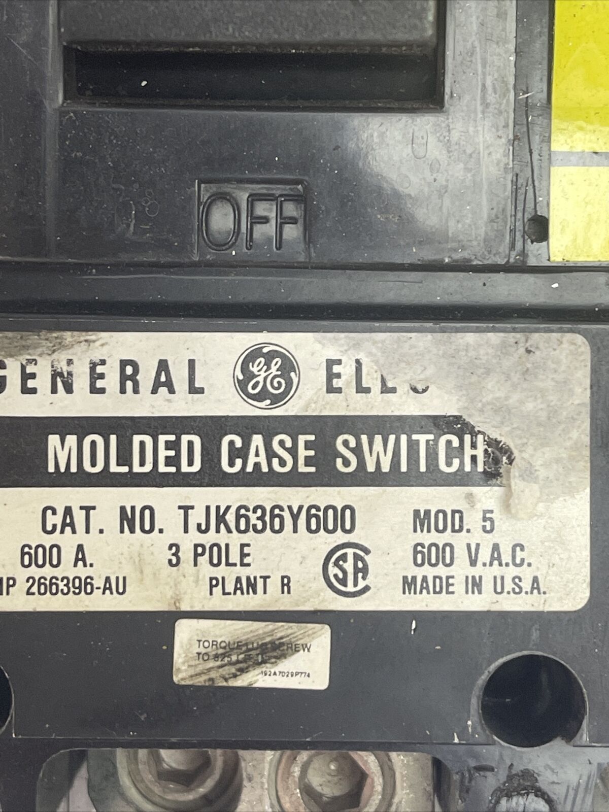 GE TJK63600 MOLDED CASE SWITCH CIRCUIT BREAKER 600A 600VAC 3P MOD 5 192A7029P748