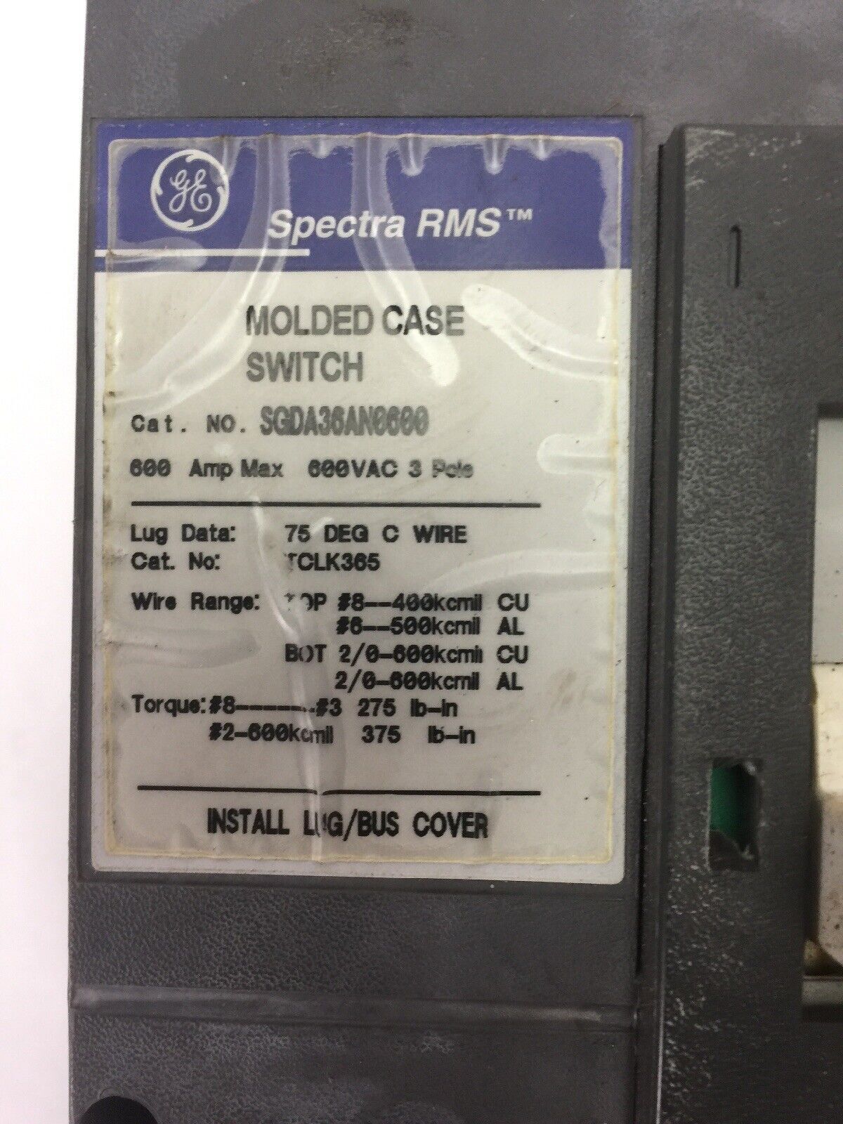 GE SGDA36AN0600 CIRCUIT BREAKER 600VAC 600A 3P SPECTRA RMS SGDA36A00060 TRIP