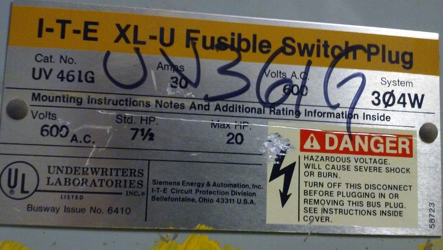 Siemens I-T-E XL-U Fusible Switch Plug UV461G - 30 Amp, 600 V (UV 461G)