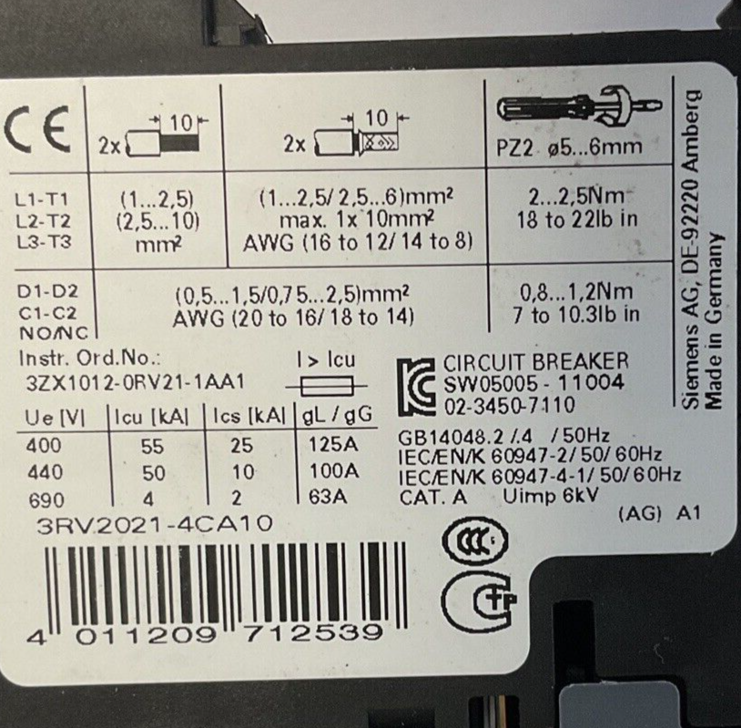 SIEMENS 3RV2021-4CA10 MANUAL MOTOR STARTER